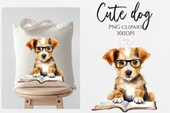 Cute dog reading a book PNG for sublimation clipart Product Image 1