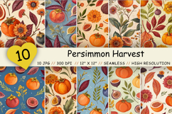 persimmon harvest pattern, autumn fruit design, seasonal bounty print, persimmon leaf background, rustic orchard art, warm harvest palette, foodie seamless pattern, botanical fruit illustration, terracotta persimmon design, juicy fall bounty