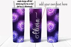 Sunflower personalized tumbler wrap sublimation design with glowing purple sunflowers on blue background and place to add text.  Straight and tapered walls 20 oz skinny tumbler full wrap png files for download.