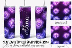 Sunflower personalized tumbler wrap sublimation design with glowing purple sunflowers on blue background and place to add text.  Straight and tapered walls 20 oz skinny tumbler full wrap png files for download.