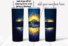 Sunflower personalized tumbler wrap sublimation design with glowing yellow sunflowers on blue background and place to add text.  Straight and tapered walls 20 oz skinny tumbler full wrap png files for download.