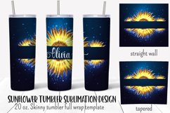 Sunflower personalized tumbler wrap sublimation design with glowing yellow sunflowers on blue background.  Straight and tapered walls 20 oz skinny tumbler full wrap png files for download.