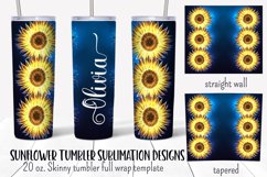 Personalized sunflower tumbler sublimation design with glowing yellow sunflowers and place for text on dark blue background. Straight and tapered walls 20 oz skinny tumbler full wrap png files for download. 