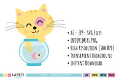 Cat lover clipart with kitten, fish bowl, food bowl and mouse designs.