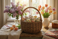 A basket of Easter eggs on a home table with bouquets Product Image 1