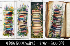 Stacked Books and Plants Bookmarks - 4 Bookmarks Product Image 1