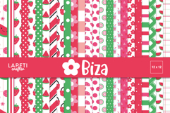 Cover preview of picnic summer digital paper bundle with 24 seamless patterns including strawberries, watermelons, lemons, flowers, dots, stripes and checks in pink, red and green.