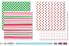 Four picnic summer digital papers including green picnic plaid, watermelon slice pattern, multicolored stripes and white background grid.