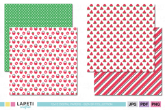 Four picnic summer digital papers featuring green background with white stars, strawberry and basket pattern, watermelon slice pattern and diagonal red stripes.