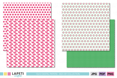 Four picnic summer digital papers showing pink polka dots, citrus lemon slice pattern, green polka dots and horizontal pink stripes.