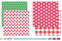 Four picnic summer digital papers including green polka dots, strawberry baskets, red gingham checks and pink flower pattern.