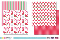 Four picnic summer digital papers showing red and green stripes, cute watermelon and juice pattern, strawberry pattern and small polka dots.