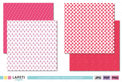 Four picnic summer digital papers featuring red triangle pattern, cute pink juice box pattern, red flower and tiny white dots on red.