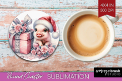 Piglet Pastel Christmas Round Coaster Coquette Xmas Coaster Product Image 1
