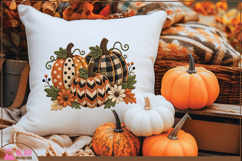 Fall faux embroidery floral pumpkins, plaid Autumn pumpkins Product Image 4