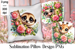 Sublimation of cute animals in roses | Pillow png Product Image 1