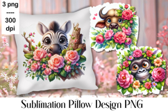 Sublimation of cute animals in roses | Pillow png Product Image 1