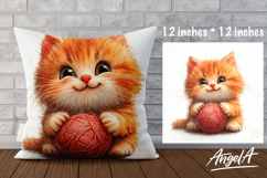 Pillow cover sublimation design, ginger cat with ball PNG Product Image 1