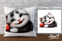 Pillow cover sublimation design, cute cat with red ball PNG Product Image 1