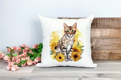 Bengal Cat and Sunflowers Watercolor Clipart PNG Sublimation Product Image 2