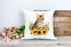 Bengal Cat and Sunflowers Watercolor Clipart PNG Sublimation Product Image 2