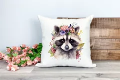 Cute Raccoon with Flowers Watercolor PNG for Sublimation Product Image 2