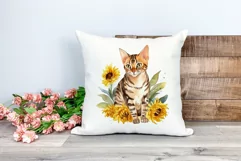 Bengal Cat and Sunflowers Watercolor Clipart PNG Sublimation Product Image 2