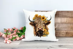 Highland Cow with Sunflowers Watercolor PNG for Sublimation Product Image 2