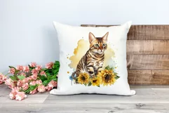 Bengal Cat and Sunflowers Watercolor Clipart PNG Sublimation Product Image 2