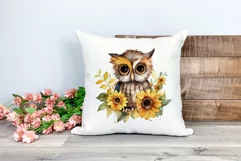 Cute Baby Owl and Sunflowers Watercolor PNG for Sublimation Product Image 2