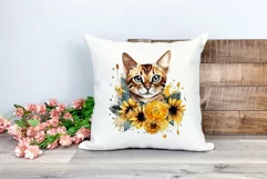 Bengal Cat and Sunflowers Watercolor Clipart PNG Sublimation Product Image 2