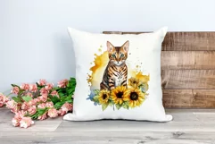 Bengal Cat and Sunflowers Watercolor Clipart PNG Sublimation Product Image 2