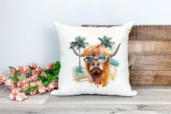 Summer Vibes Highland Cow Watercolor PNG for Sublimation Product Image 2
