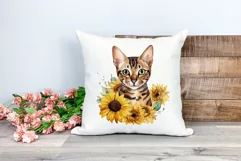 Bengal Cat and Sunflowers Watercolor Clipart PNG Sublimation Product Image 2