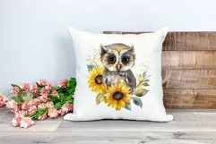 Cute Baby Owl and Sunflowers Watercolor PNG for Sublimation Product Image 2