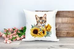 Bengal Cat and Sunflowers Watercolor Clipart PNG Sublimation Product Image 2