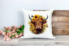 Highland Cow with Sunflowers Watercolor PNG for Sublimation Product Image 2