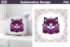 Cute Cat Floral Pillow Design | Kitty Roses Sublimation Product Image 1