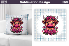 Highland Cow Floral Pillow | Cute Cow Roses Sublimation Product Image 1