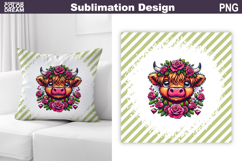 Highland Cow Floral Pillow | Cute Cow Roses Sublimation Product Image 1