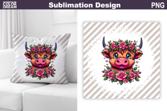 Highland Cow Floral Pillow | Cute Cow Roses Sublimation Product Image 1