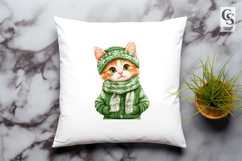 Cute Winter Cat in Green Sweater Clipart Sublimation Product Image 2