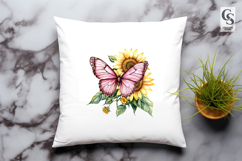 Pink Butterfly with Sunflower Clipart Sublimation PNG Product Image 2