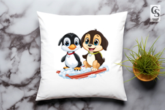 Penguin and Puppy Winter Sledding PNG Product Image 2