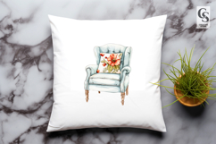 Vintage Armchair with Floral Pillow PNG Clipart Product Image 2