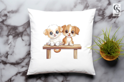 Cute Puppies and Kitten on Bench Clipart Sublimation PNG Product Image 2