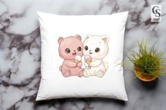 Cute Bear and Cat Eating Ice Cream Clipart PNG Product Image 2