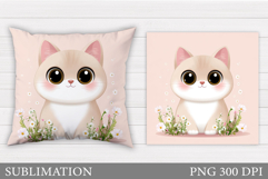 Cute Cat Pillow Design. Cat Flowers Pillow Sublimation Product Image 1
