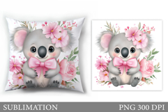 Cute Koala Pillow Design. Koala Flowers Pillow Sublimation Product Image 1