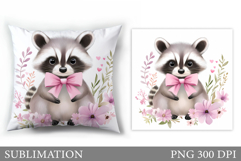 Cute Raccoon Pillow Design. Raccoon Flowers Pillow Product Image 1